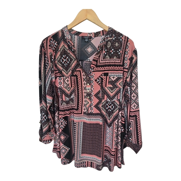 Cocomo Women's Patterned Tunic Top 3X Pink Black Pleated Front Roll Tab Sleeves - Picture 2 of 13